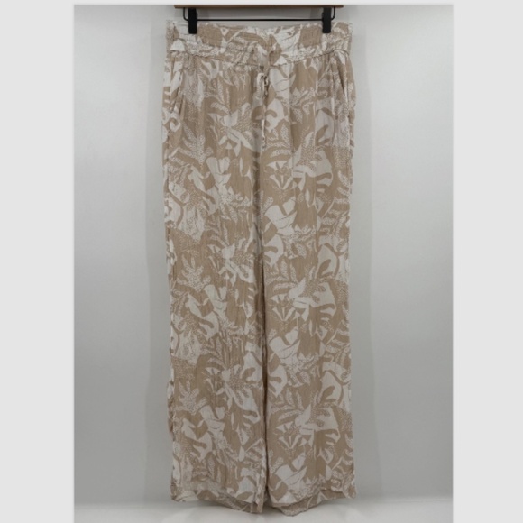 Prana Pants Women Medium Beige White Palazzo Wide Leg Floral Elastic Pull On - Picture 1 of 12
